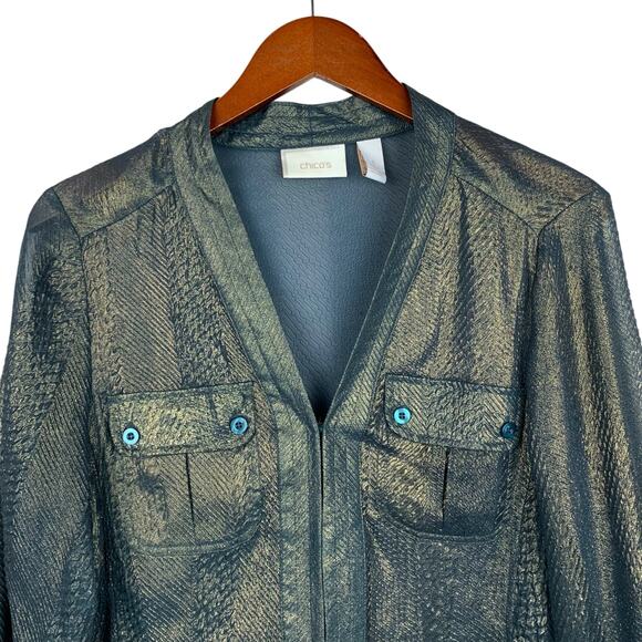 Chicos Teal Gold Shirt Blouse Top Shimmery Pockets 3/4 Sleeves Women's 1 M 8 - Picture 2 of 6